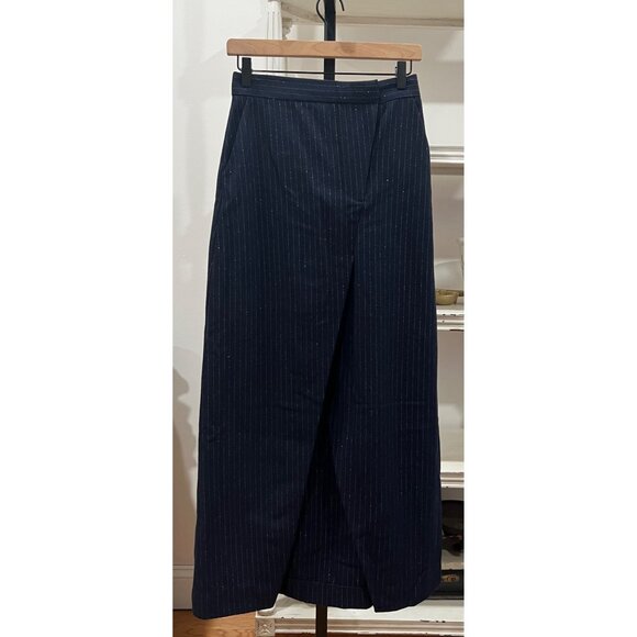YOOX Weili Zheng Metallic pin-stripe Wool Navy Pencil Maxi Skirt Size Small - Picture 1 of 4